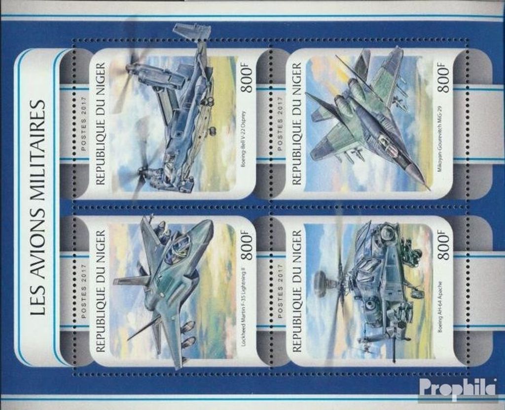 Briefmarken Niger 2017 Mi 4945-4948 Kleinbogen (kompl. Ausg.) postfrisch Militärflugzeuge
