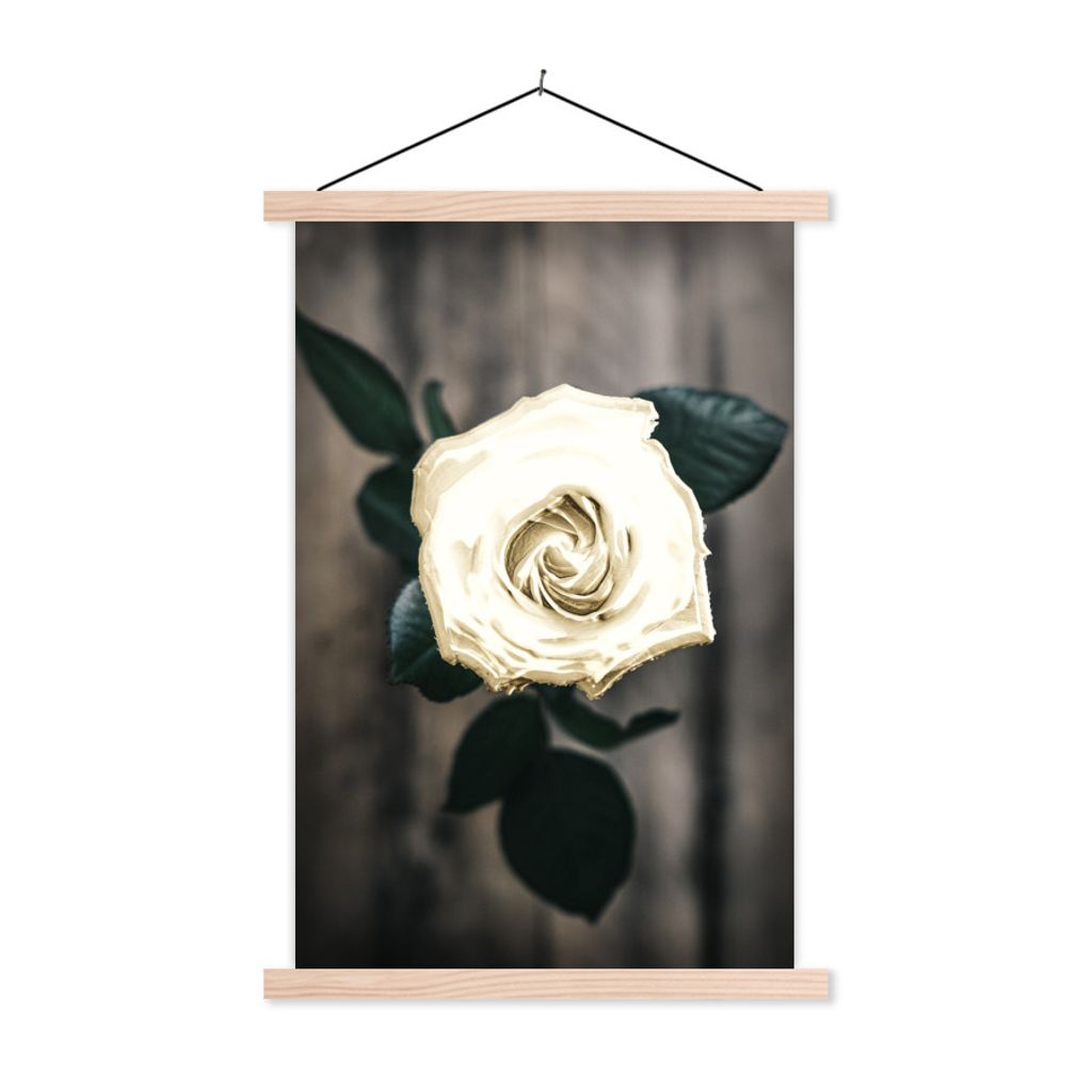 MuchoWow Textilposter Blume - Weiß - Grau 40x60 cm mit holzfarbenen Rahmen - Poster