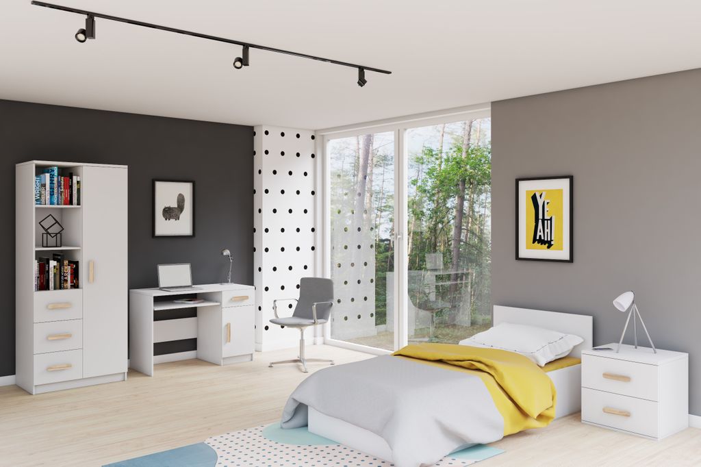 Kinderzimmer-Set Bett, Nachttisch, Schrankregal, Schreibtisch mit sonoma Griffe Weiß/Weiß ohne Matratze JONAS I 01