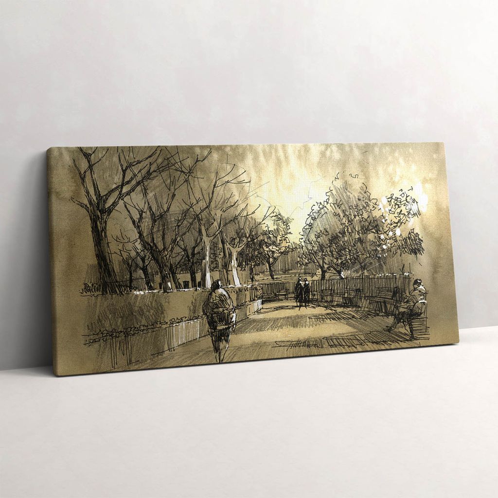 Skizze - Park und Bäume in Sepia – Leinwandbild Wandbild – 140x70 cm – Leinwandbilder – Wandbilder – Schlafzimmer – Flur