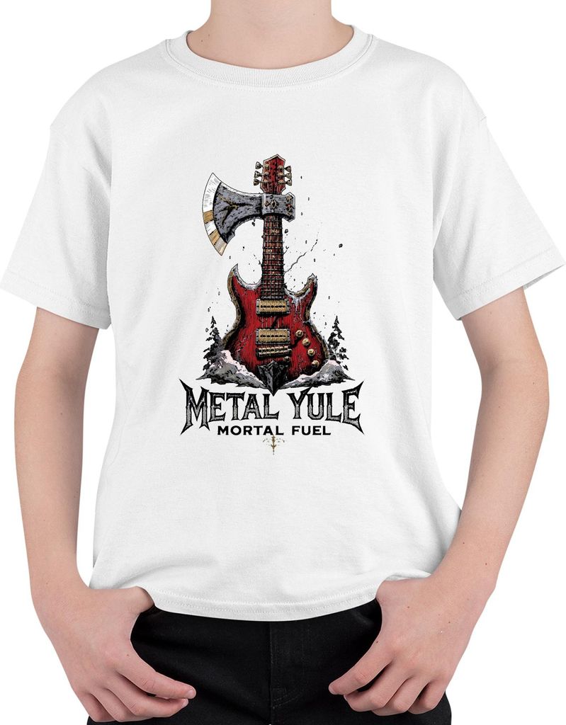 Metal Yule Mortal Fuel Weihnachtsmetal E Gitarre Rock Geschenk Uni Kinder T-Shirt, Weiß, 152