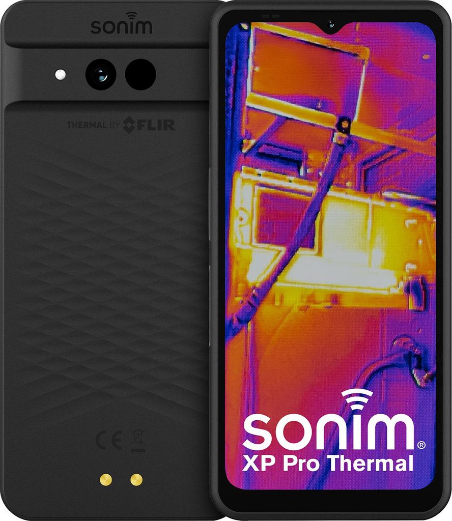 A black Sonim XP Pro Thermal smartphone is shown from the front and back, with the front displaying a thermal image.