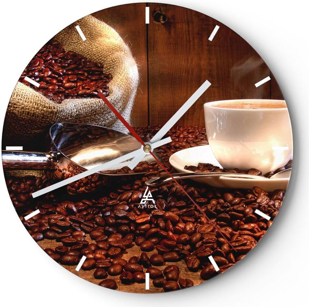 Wanduhr - Rund - Glasuhr - Cup Samen Coffe - 30x30cm - Schleichendes Uhrwerk - Lautlos - zum Aufhängen bereit - Dekoration Modern - Wanddekoration...