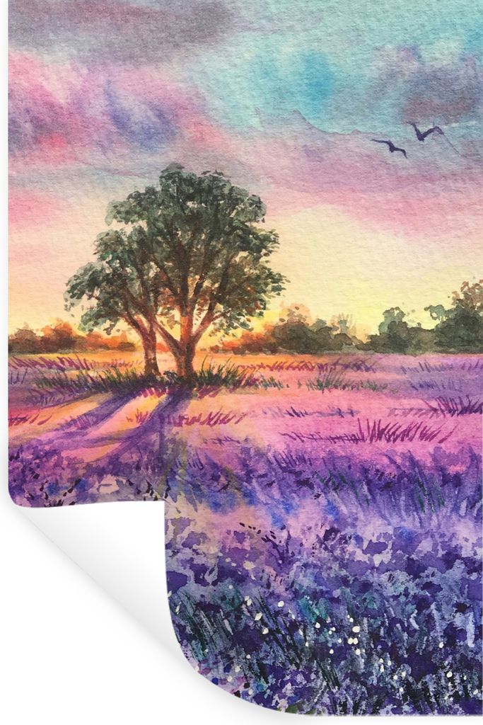 MuchoWow Wandtattoo Wandsticker Wandaufkleber Lavendel - Farbe - Vögel - Bäume - Lila 60x90 cm Selbstklebend und Repositionierbar - Sticker - D...