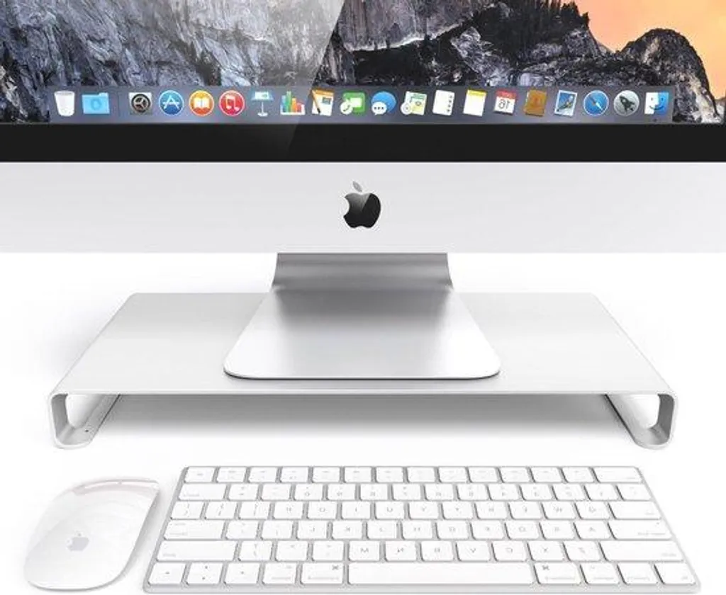 Support moniteur argenté ergonomique en aluminium avec rangement intégré