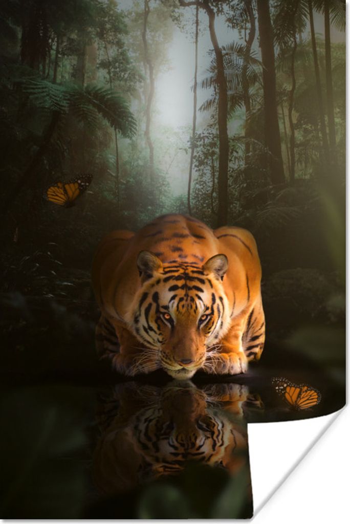 MuchoWow Poster Tiger - Dschungel - Wasser - Schmetterling 20x30 cm - Papierdruck