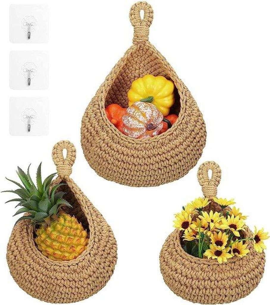 Handgeflochtenes Pflanzenschirm - 3 Stücke, Haken, Wandregal für Blumen, Obst, Gemüse - Küche und Schlafzimmer