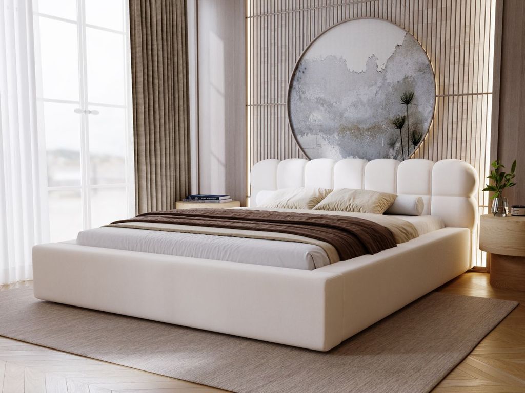 GrainGold Polsterbett Plaza 140x200 cm - Bett 140x200, Polsterbett mit Bettkasten und Lattenrost -Creme (Komodo 10)