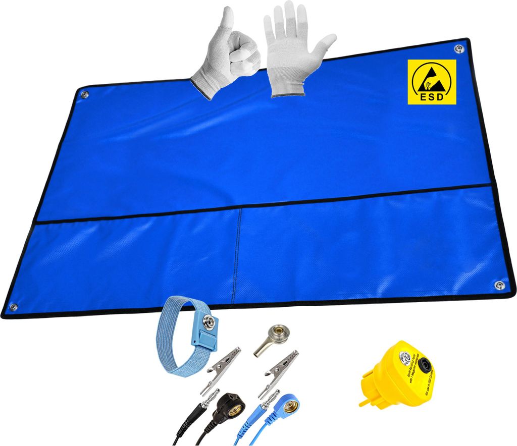 Minadax 120×60 cm ESD SET Antistatische Arbeitsmatte Tischmatte Unterlage | Tragbar & Faltbar + Erdungstecker + Manschette + Erdungskabel + ESD Ha...