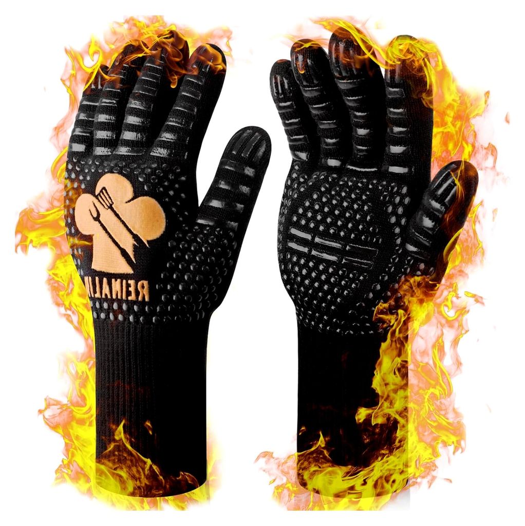 Grillhandschuhe bis 800°C, Ofenhandschuhe, feuerfeste BBQ Handschuhe (L/XL/XXL, Gold)