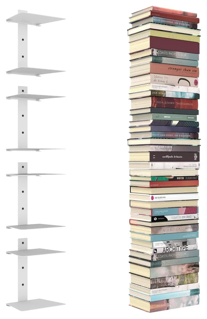 Étagère murale suspendue en métal lot de 4 colonnes de livres blanches