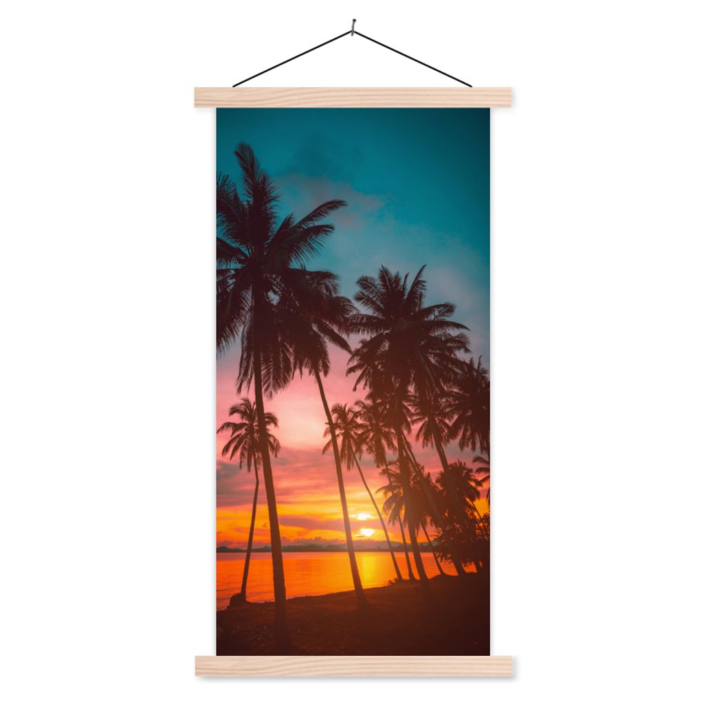 MuchoWow Textilposter Meer - Palme - Sonnenuntergang - Strand - Silhouette 60x120 cm mit holzfarbenen Rahmen - Holz