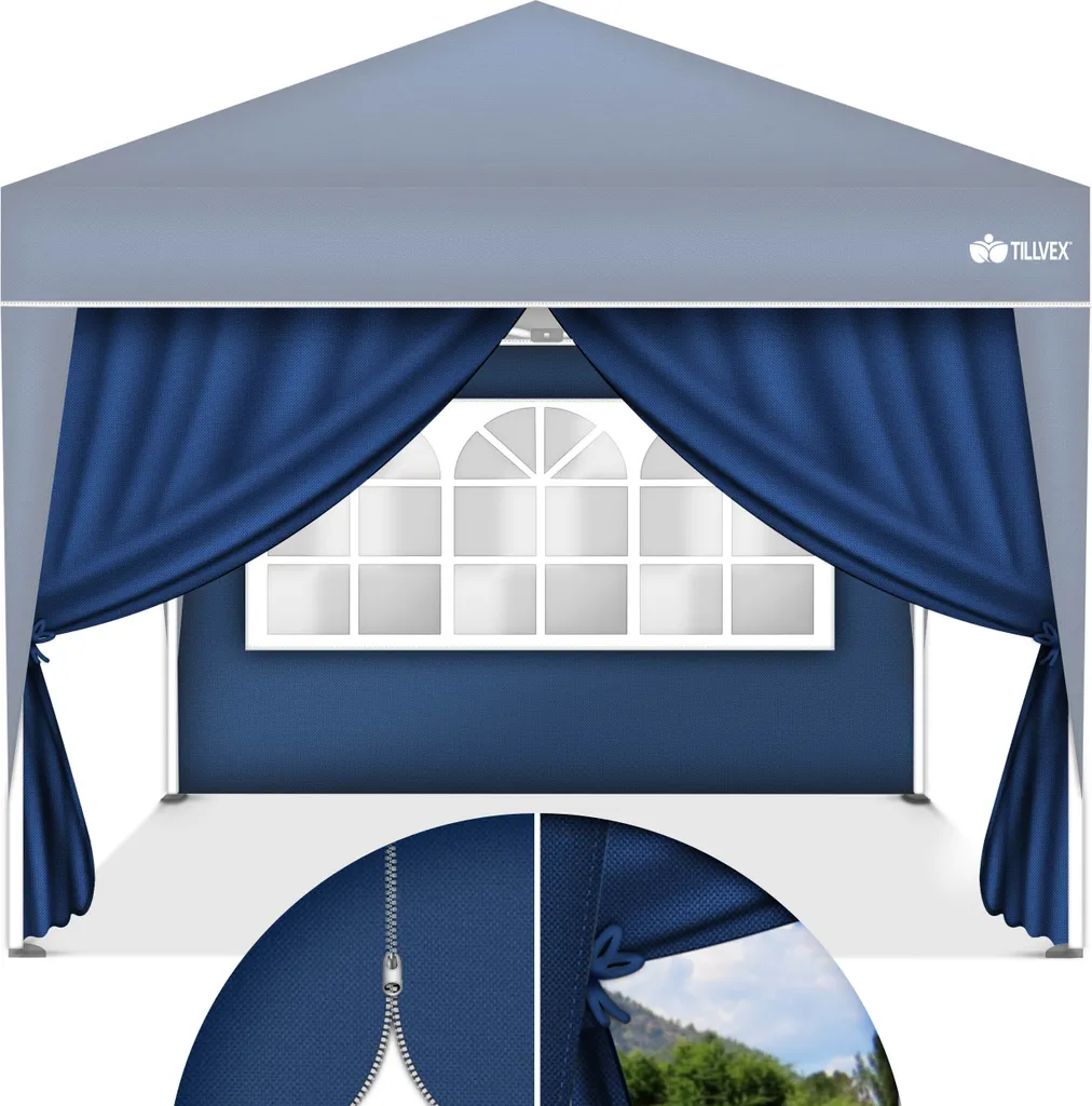 tillvex Pannelli Laterali Gazebo 3x3 Blu | Kit 2 Pezzi Finestra e Zip - 1