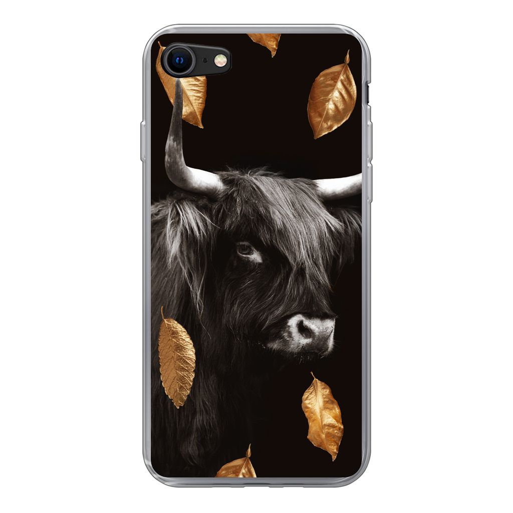 MuchoWow Handyhülle Schutzhülle Hülle für iPhone 7 Schottischer Highlander - Blätter - Gold - Schwarz Silikon Softcase Handy Hülle - Karten...