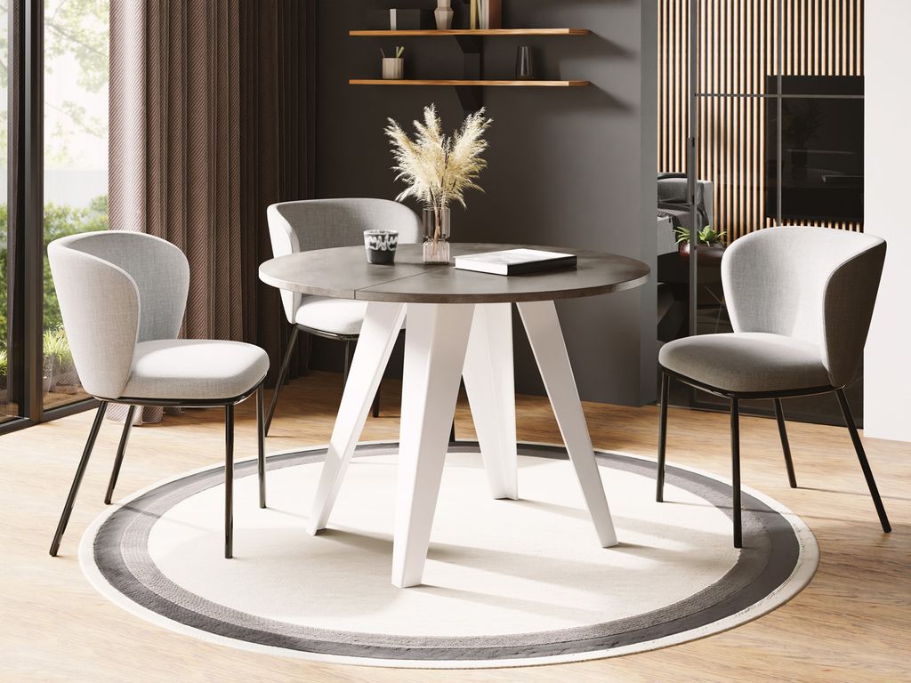Esstisch Glory Weiß im Industriestil - Modern, Rund - Ausziehbar von 100 cm bis 140 cm, Pulverbeschichtete Metallbeine - Chicago Beton Grau