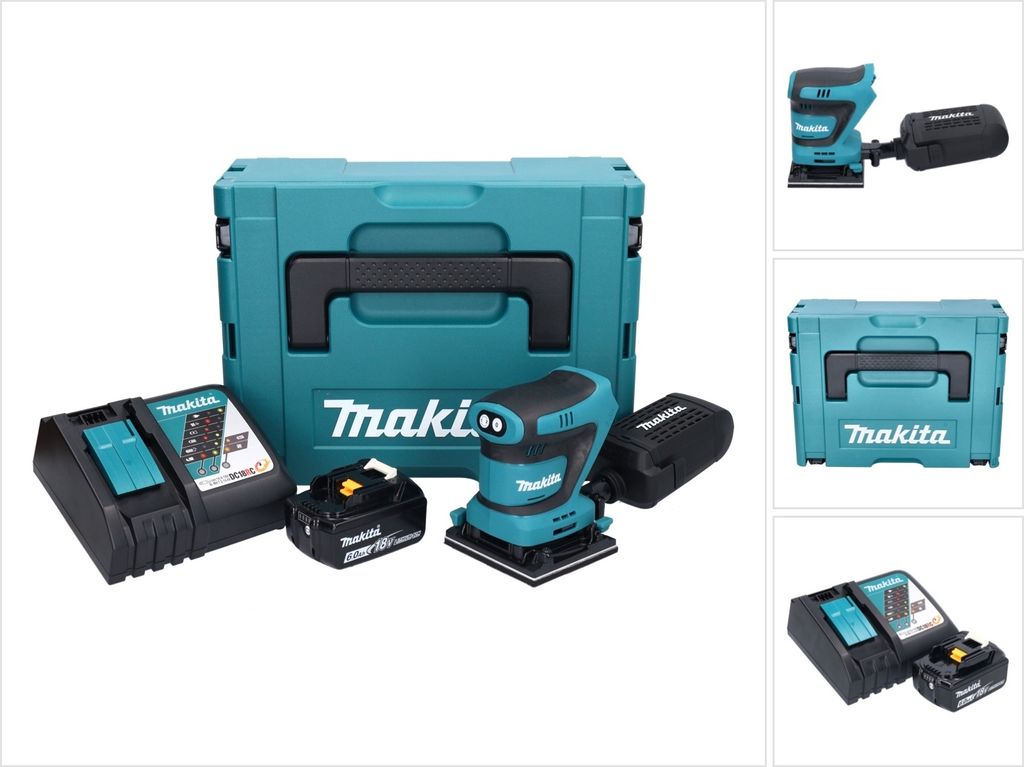Makita DBO 480 RG1J Akku Schwingschleifer 18 V 112 x 102 mm + 1x Akku 6,0 Ah + Ladegerät + Makpac