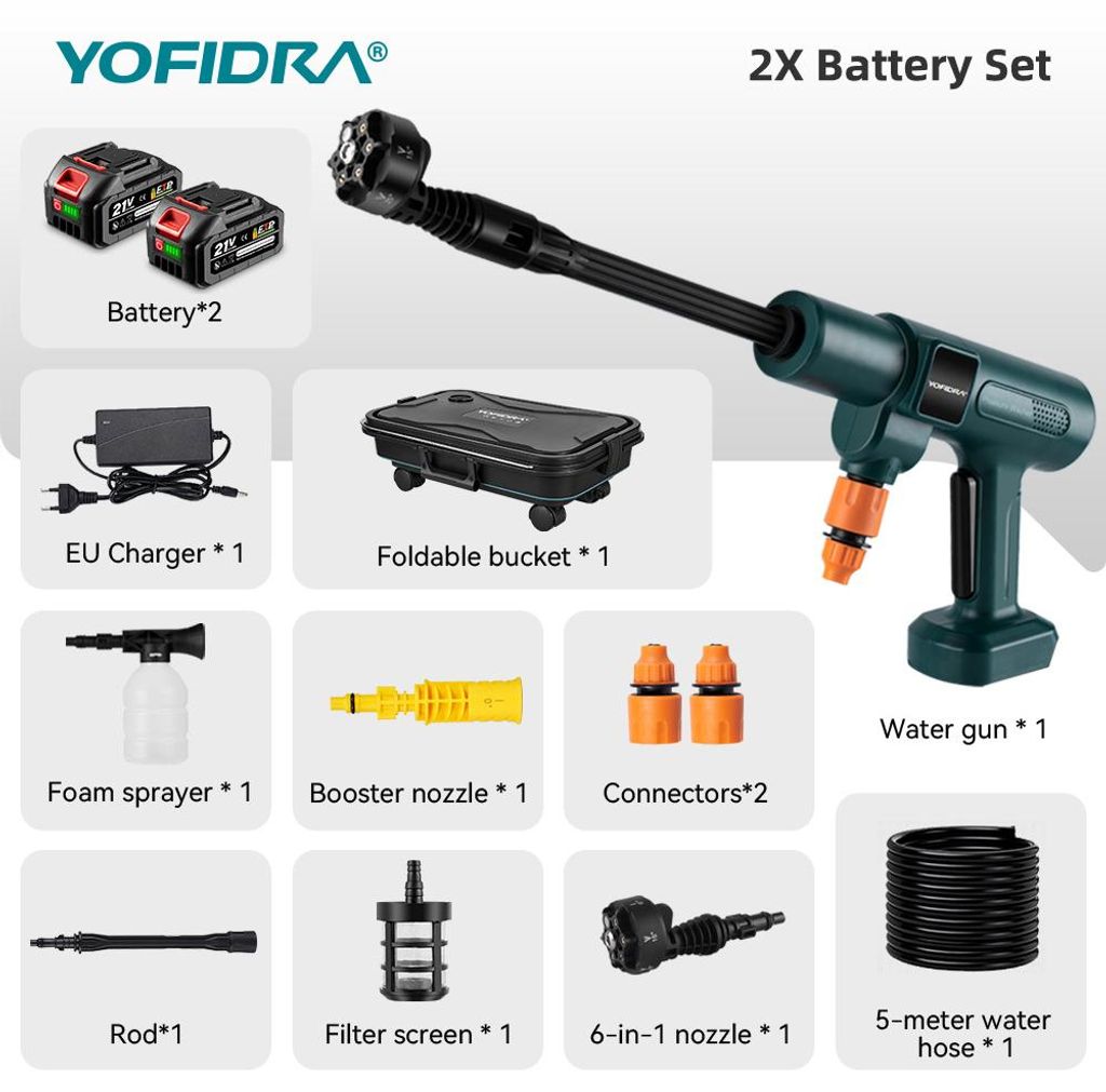 YOFIDRA Akku-Hochdruckreiniger 200 Bar, 3500W, bürstenlos, mit 2 Akkus, kompatibel mit Makita 18V