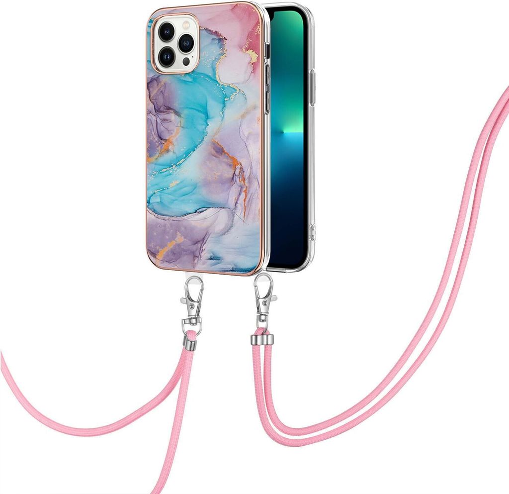 Handykette Hülle für iPhone 13 Pro Muster TPU Schutzhülle mit verstellbarem Tragegurt Blau