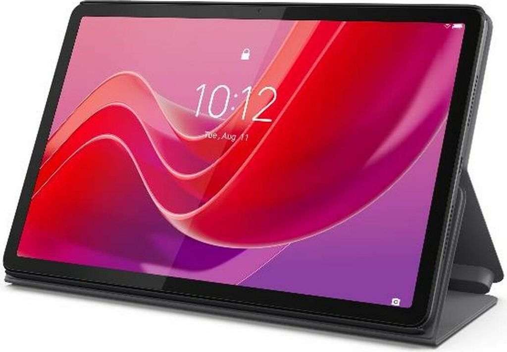A tablet in a case, displayed at an angle.