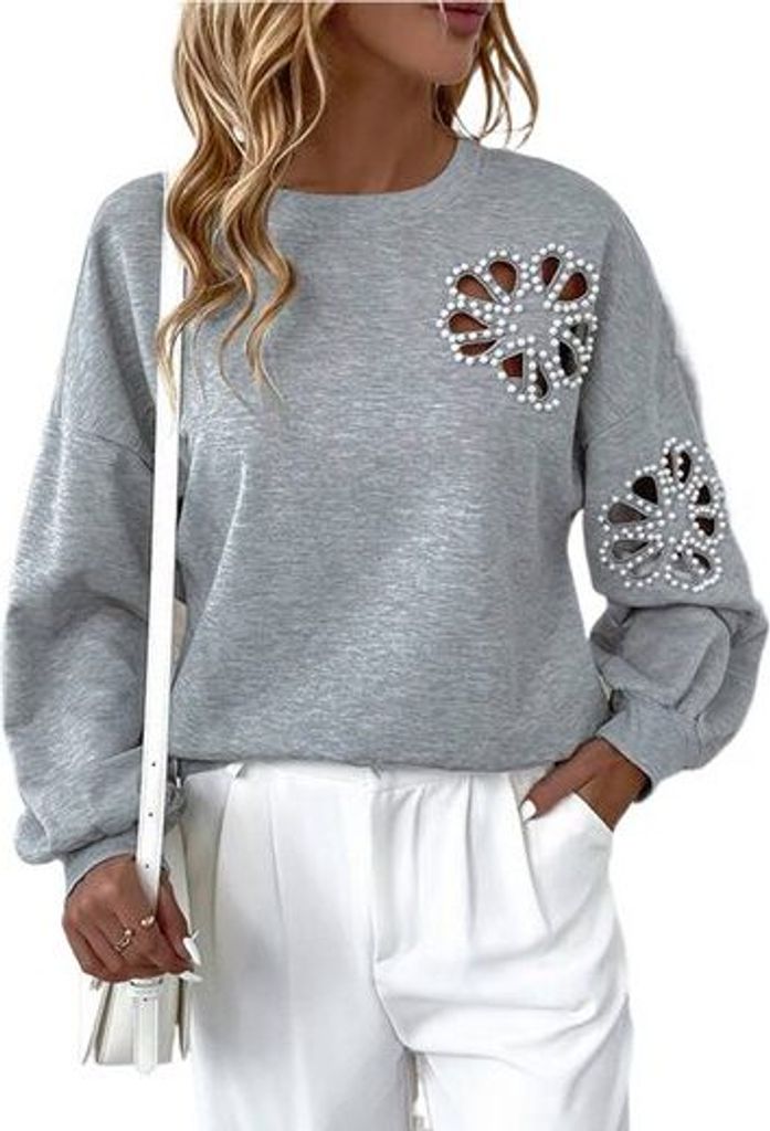 Langarmpullover für Damen Herbst/Winter Perlen und Blütenblatt Design lockere Passform, lässiges Oberteil mit Rundhalsausschnitt, Grau, XL