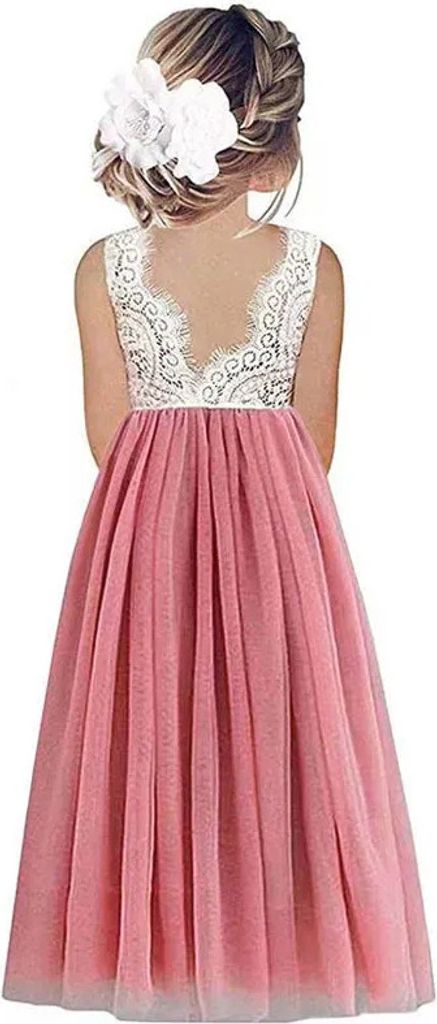 ASKSA Blumenmaedchenkleider Prinzessin Kleid Maedchen Kinder aermellos Spitze Rueckenfreies A-Linie Tuellkleid Hochzeit Ballkleid (Rosa,130)