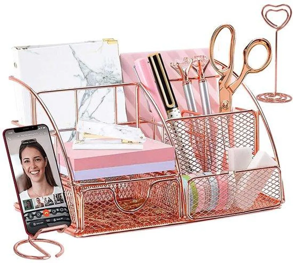 Rangement de bureau or rose polyvalent pour fournitures et maquillage