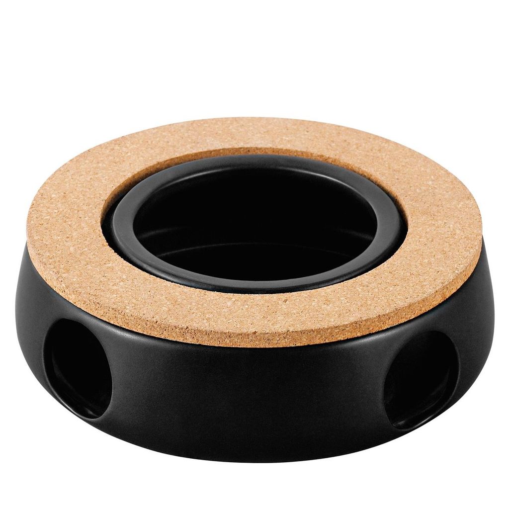 A black ceramic tea warmer with a cork ring on top, shown against a white background.