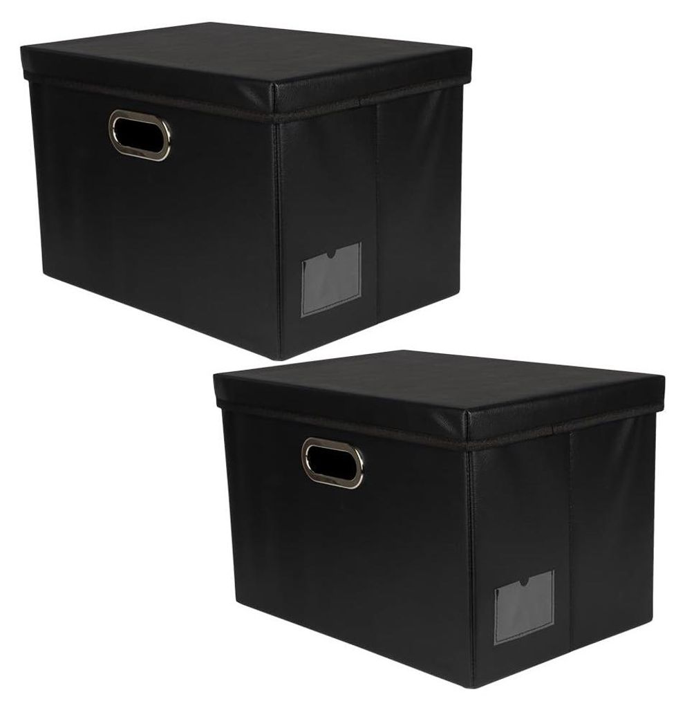 Aufbewahrungsboxen mit Deckel | Organizerboxen | Groß | Faltbar | Schwarz | Lederoptik | 42 x 30 x 29 cm |