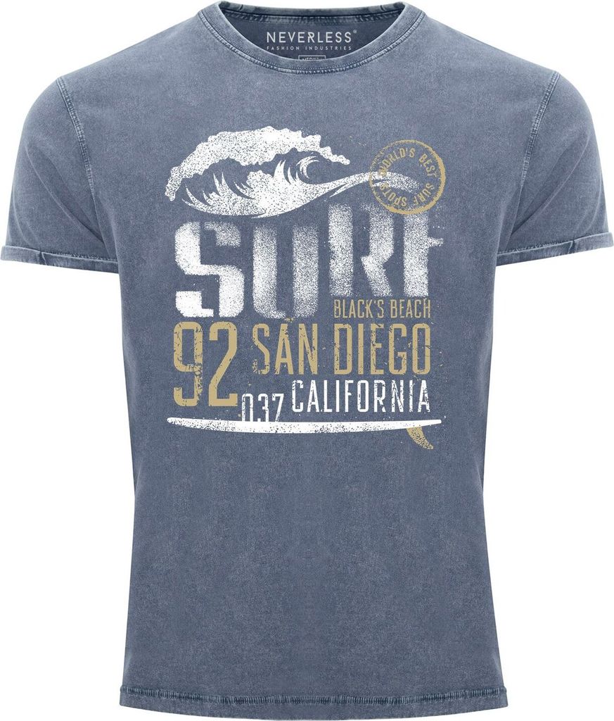 Herren Vintage Shirt Surf California T-Shirt Aufdruck San Diego Welle Used Look Slim Fit Neverless blau 3XL
