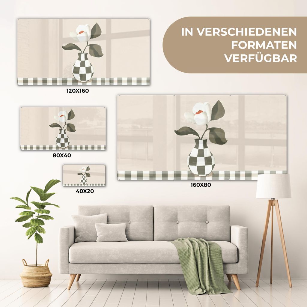 MuchoWow Glasbilder - Bilder auf Wandbild - Foto auf Glas Vase - Kariert - Grün - Blume 120x60 cm Wanddekoration aus Glas - Acrylglasbild - Acrylb...