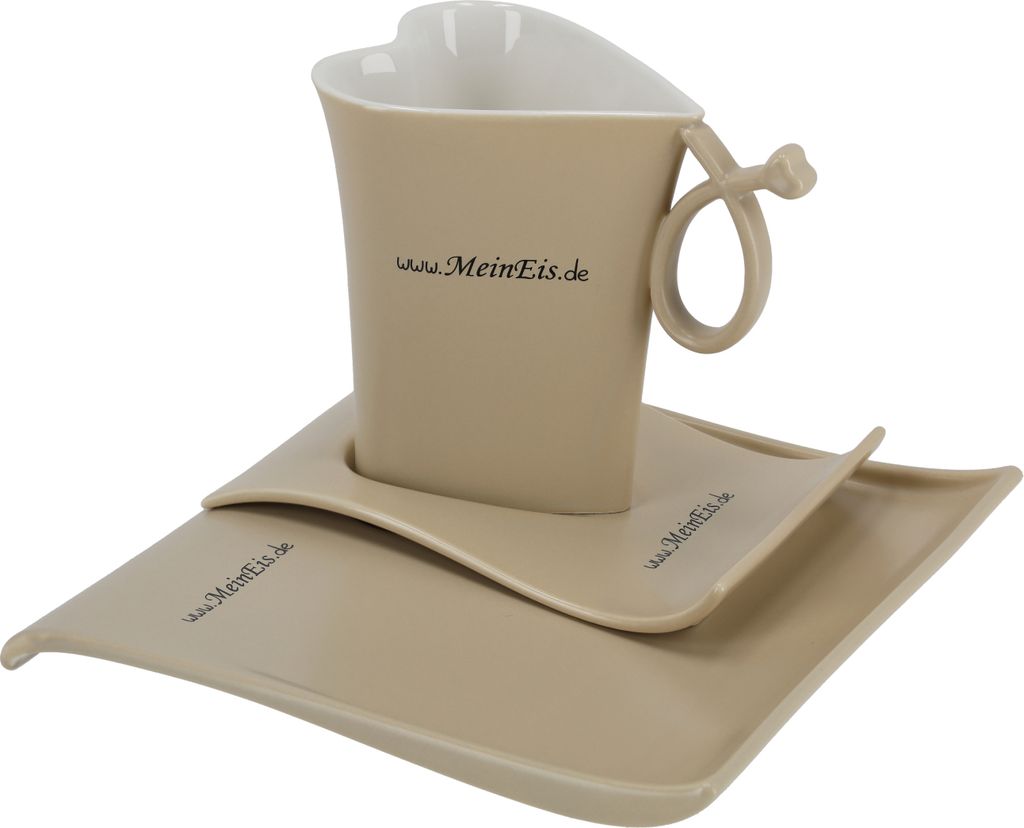 TIBU Tasse und Untertasse Set Herzform Beige Keramik Kuchenteller Dessertteller Kaffee Tee kreatives Geschenk Valentinstag Geburtstag (400ml)