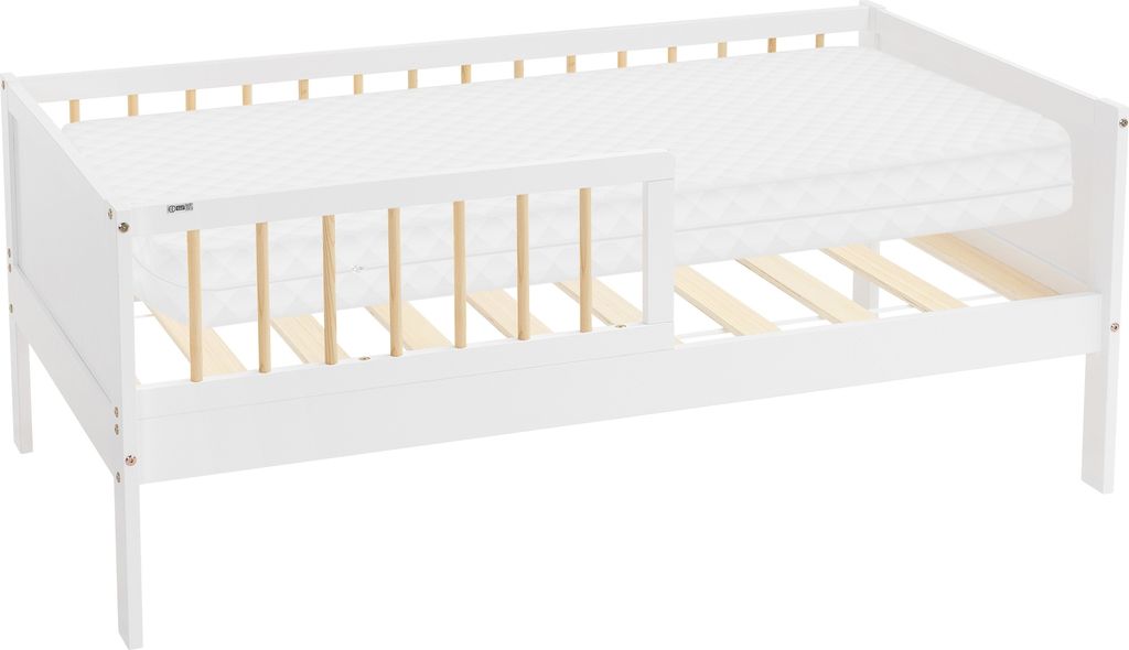 ML-Design Kinderbett mit Matratze, 70x140 cm, Weiß/Natur, Hausbett mit Lattenrost und Rausfallschutz, Massivholz Einzelbett für Kinder, Jungen & ...
