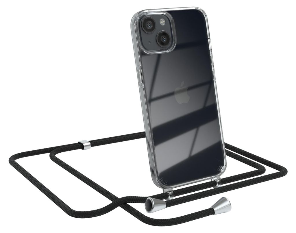 EAZY CASE Handykette kompatibel mit Apple iPhone 13, Handyhülle mit Umhängeband, Handykordel, Schutzhülle Clear, Band in Schwarz