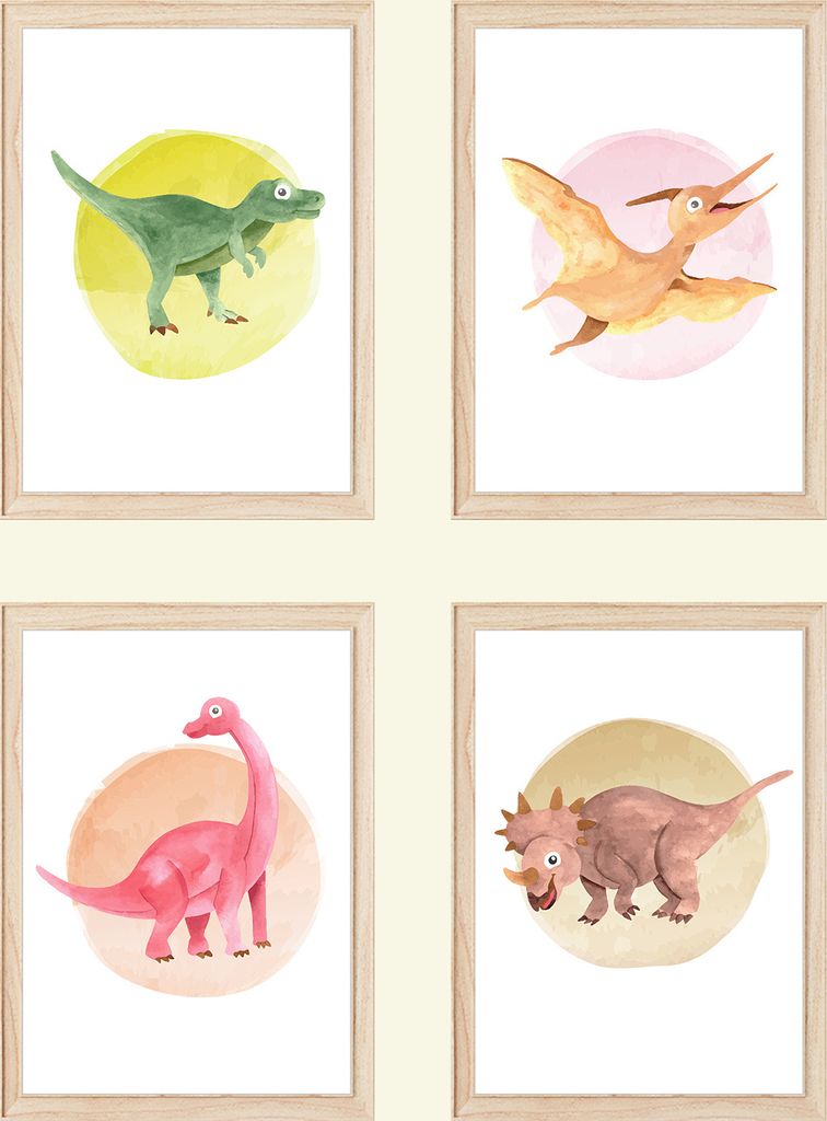 Dinosaurier Bilder 4er Set DIN A4 Kinderzimmer Dino Poster Produktbild 