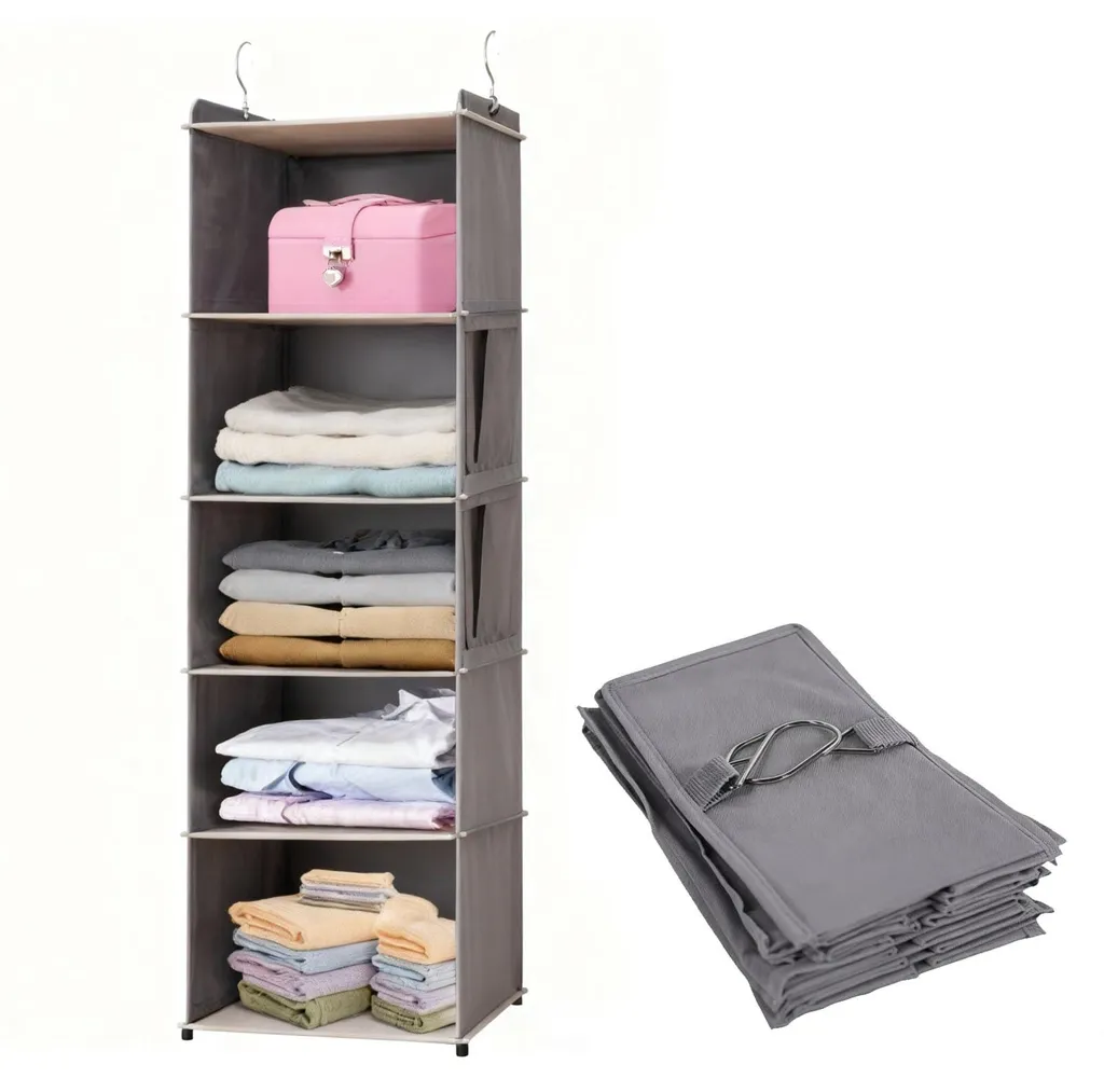 Rangement suspendu armoire 5 compartiments gris avec crochets métal