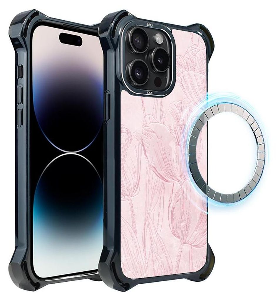 Schutzhülle für das iPhone 14 Pro Max, MagSafe-kompatibel, verstärkte Ecken, schwarz, rosa Tulpen