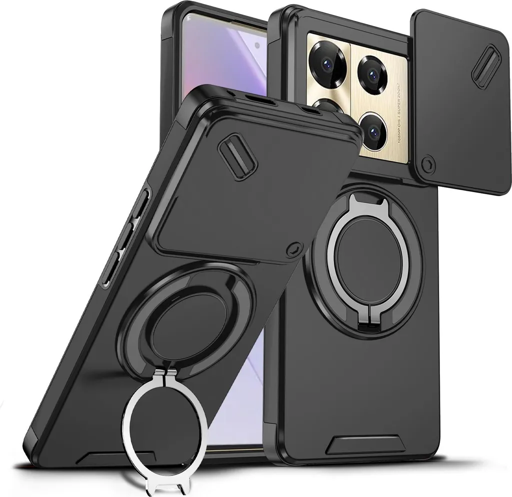 Custodia a doppio strato per Infinix Note 40 Pro 5G/4G/Note 40 Pro+ 5G, copertura scorrevole della fotocamera e supporto ad anello magnetico Nero