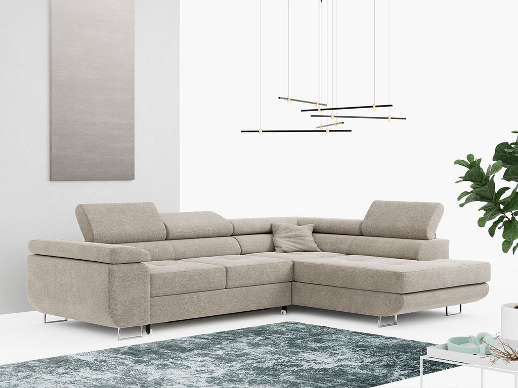 Ecksofa L-Form Couch mit Schlaffunktion und Verstellbare Kopfstützen - GUSTAW - Beige - Rechts