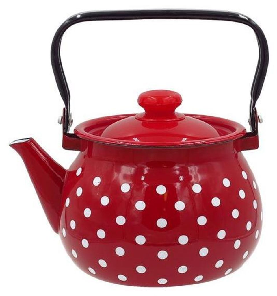 A red polka dot enamel teapot with a black handle.