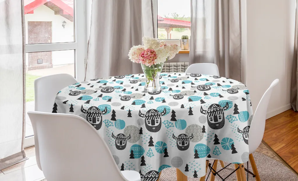 ABAKUHAUS Tovaglia rotonda Viking, Viking Faces Forest, tovaglia circolare per sala da pranzo, decorazione per cucina, 150 cm, grigio scuro e azzurro cielo