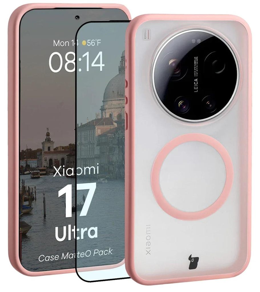 Schutzhülle mit Magnetring + gehärtetem Glas Bizon MatteO Pack für Xiaomi 17 Ultra, Getönt-Hellrosa