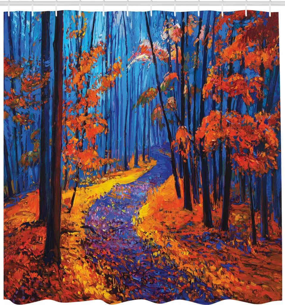 ABAKUHAUS Tenda da doccia Land, scura e profonda nella foresta in autunno Autunno Stagione Calma Magica Natura Arte Pittura, tessuto Set decorativo per bagno con ganci, 175x240 cm, arancione blu navy