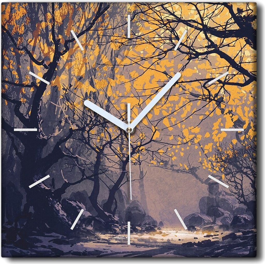 Coloray Uhr auf Leinwand 30x30 cm Wand Uhr Dekoration Wohnzimmer Segeltuch weiße Zeiger -Herbstwaldlandschaft.