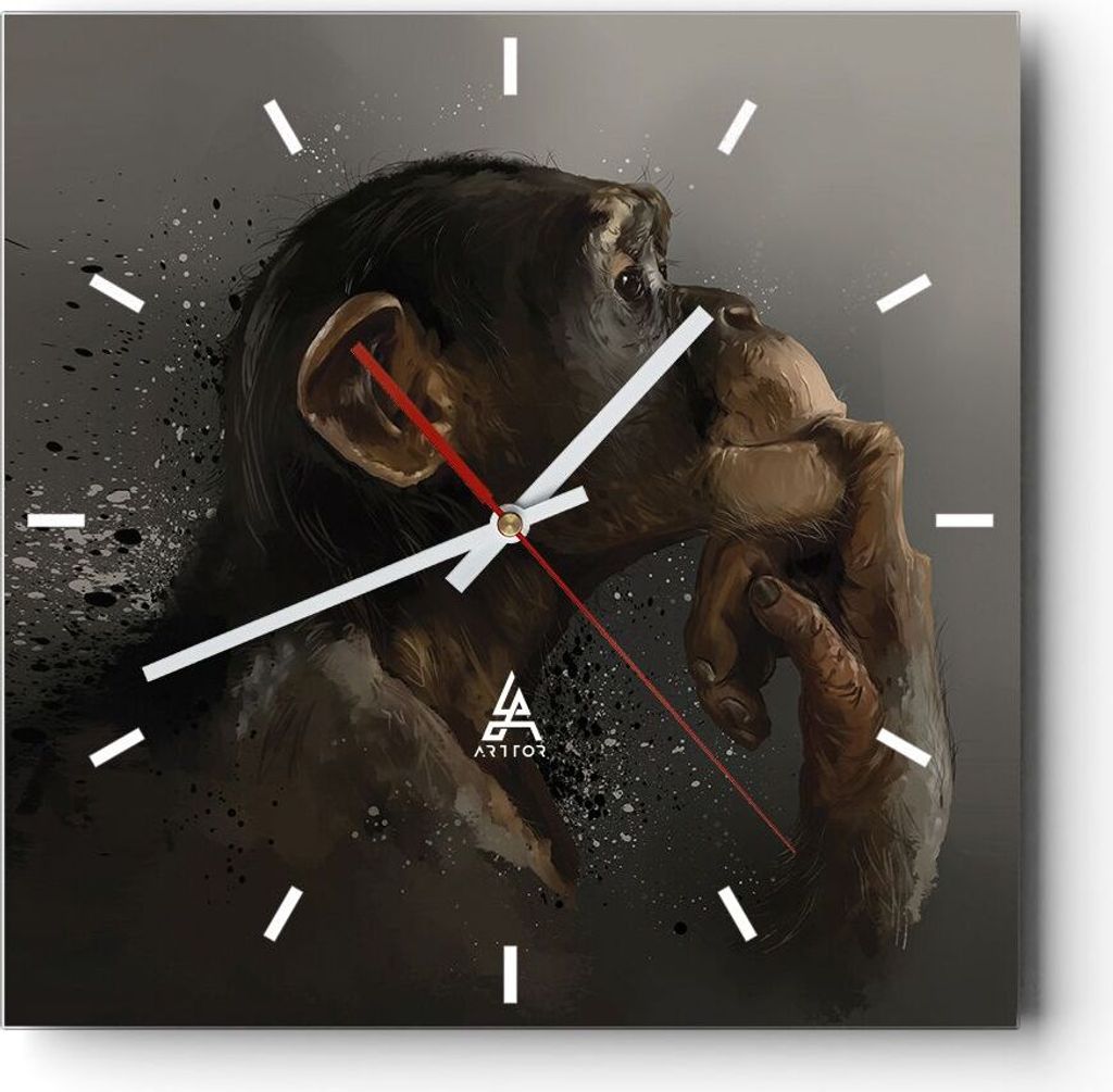 Wanduhr - Quadrat - Glasuhr - Schimpanse Porträt Grafik - 30x30cm - Schleichendes Uhrwerk - Lautlos - zum Aufhängen bereit - Dekoration Modern - ...