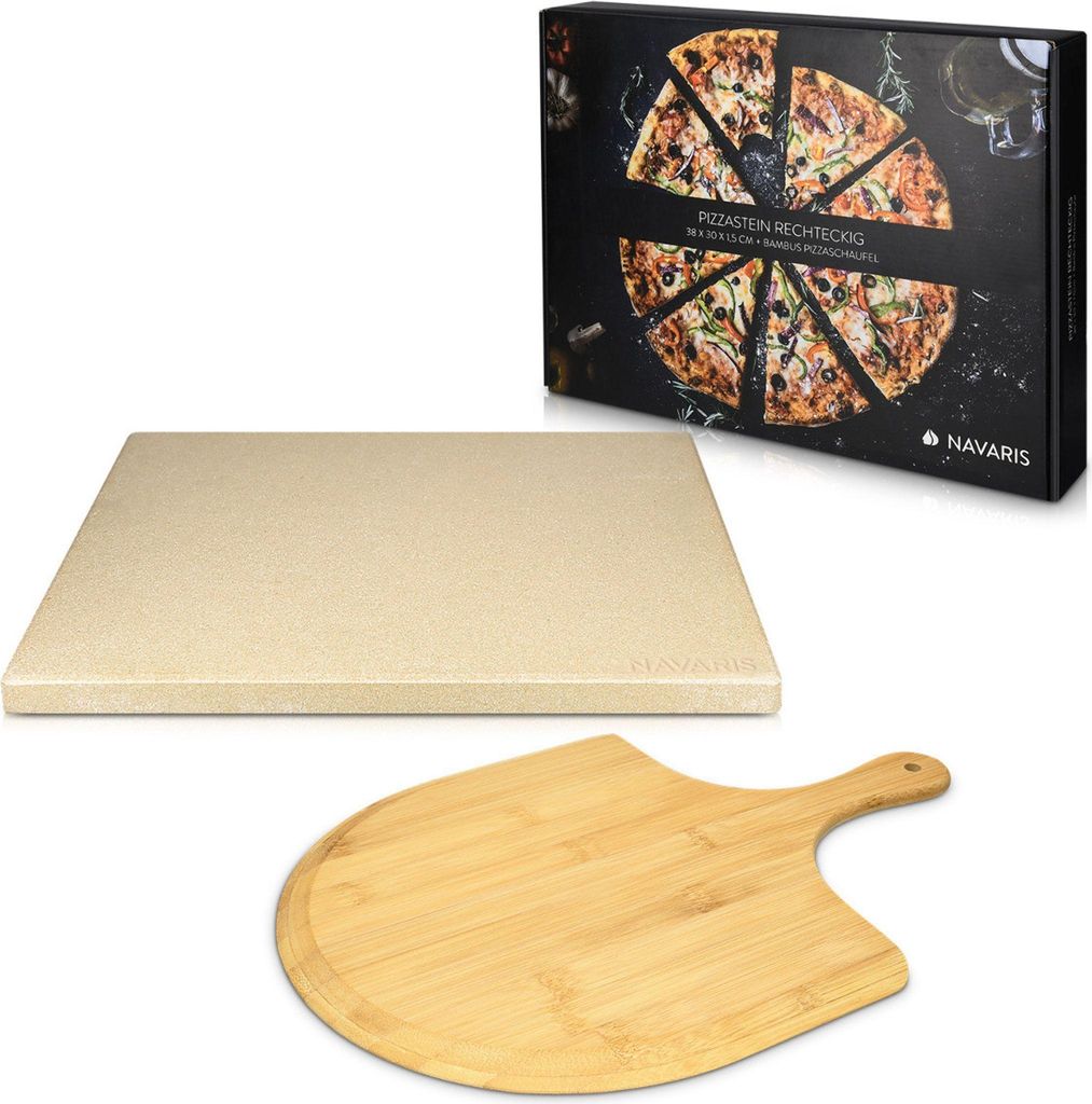 Navaris Pizzastein für Backofen Grill aus Cordierit - 38x30cm Pizza Stein für Ofen mit Pizzaschaufel - Gasgrill Herd Teller rechteckig in Beige