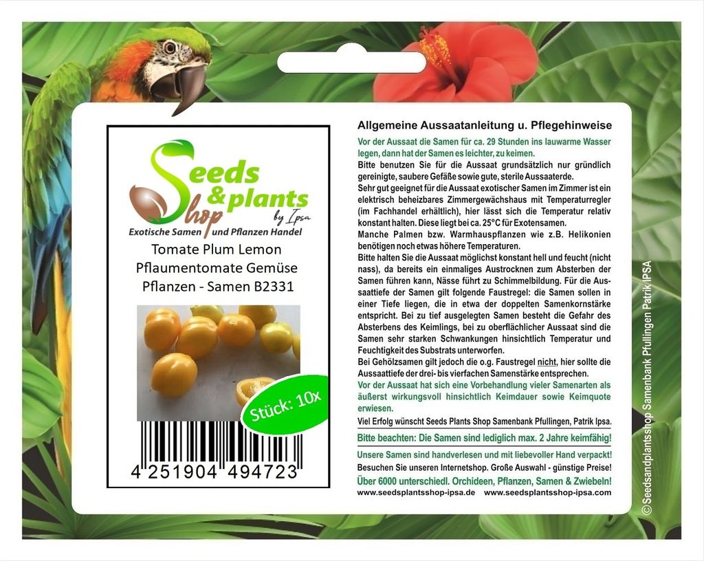 10x Tomate Plum Lemon Pflaumentomate süß würzig zitronig Samen B2331