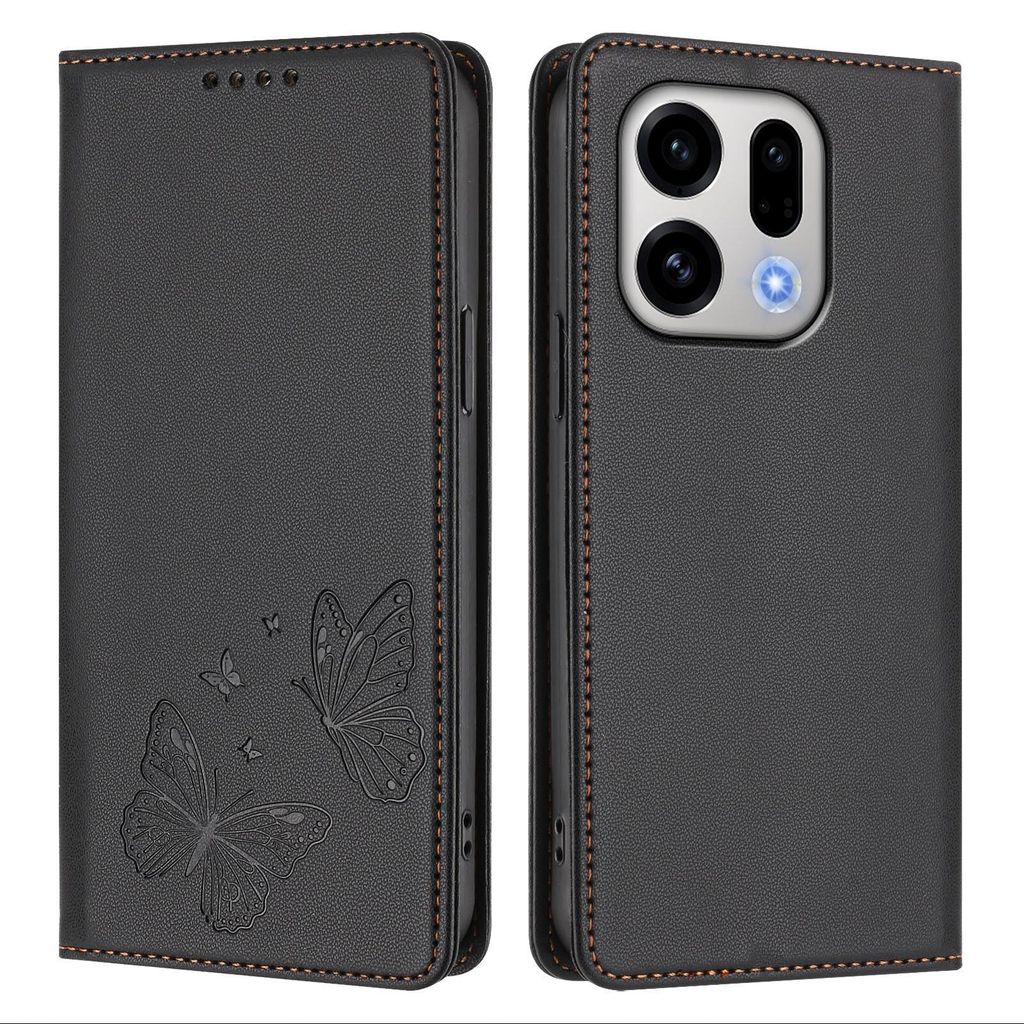 Lederhülle für Oppo Find X9, Schmetterling Prägung Leder Brieftasche Schutzhülle mit Ständer Schwarz