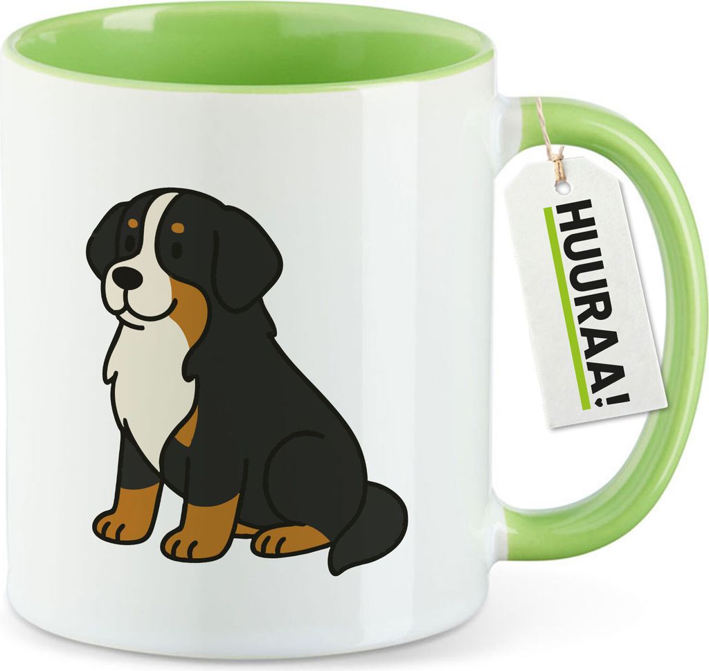 Huuraa Kaffeetasse Berner Sennenhund Comic Berner 330ml Grün Keramik Kaffeebecher Geschenkidee