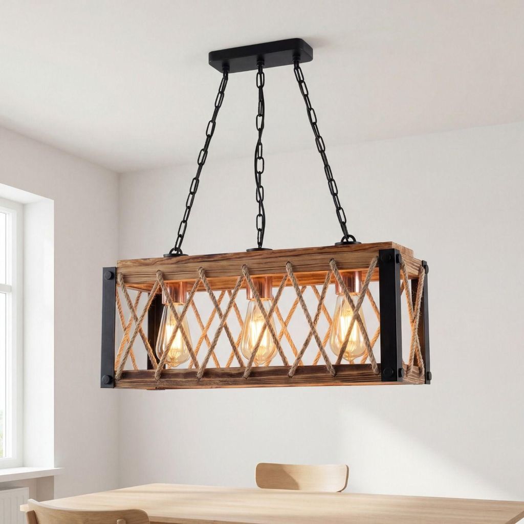 Hängelampe Metall Holz E27 H: max. 80 cm in Schwarz geflammtes Kupfer 3-flammig länglich Rustikal