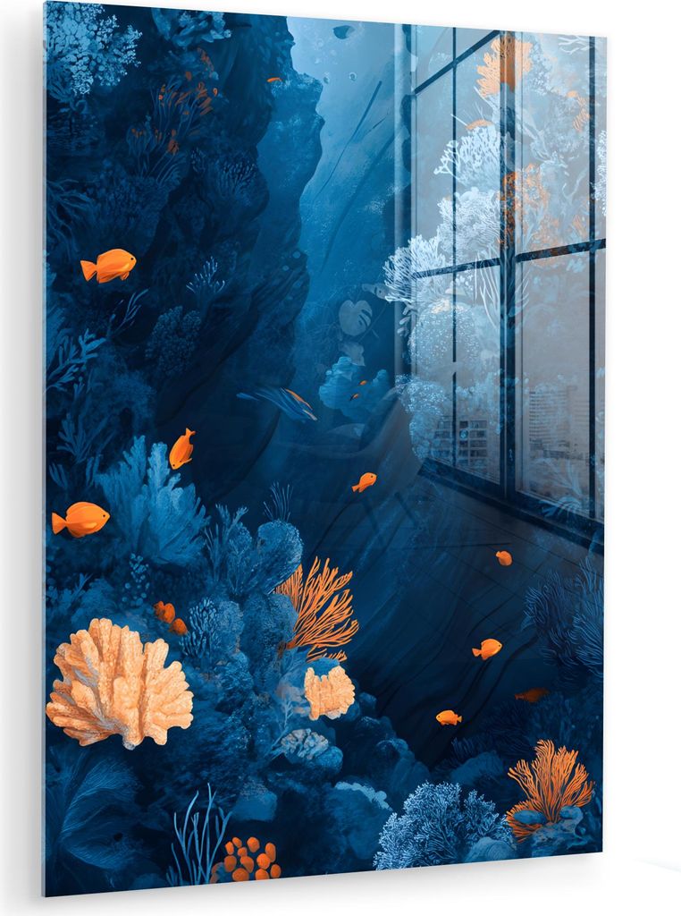 MuchoWow Glasbilder - Bilder auf Wandbild - Foto auf Glas Korallenriff - Fische - Ozean - Blau 60x80 cm Wanddekoration aus Glas - Acrylglasbild - A...